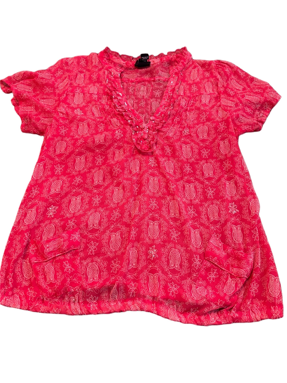Torrid Semi Sheer Blouse Owl Floral Print Sequins Red 2X Feminine Elastic Hem